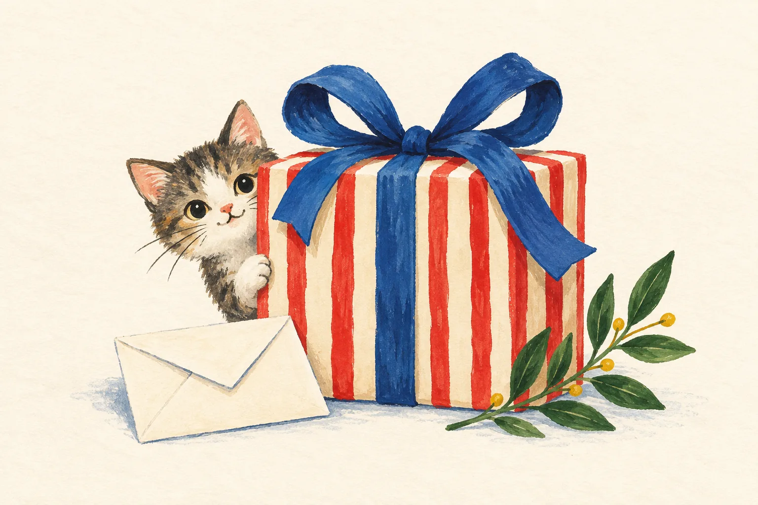 A curious cat peeking around a gift wrapped with a blue ribbon
